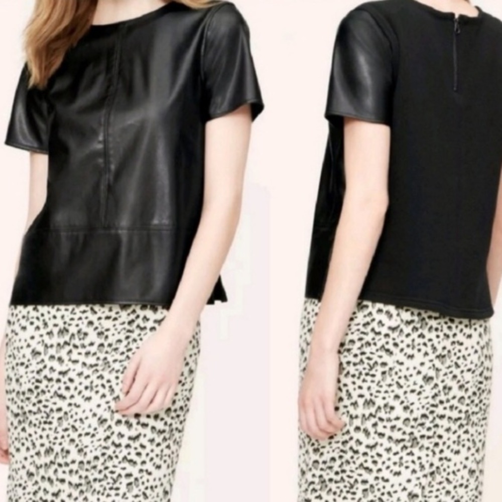 LOFT Petite Faux Leather Tweed Top Black XSP Short Sleeve Blouse NWT